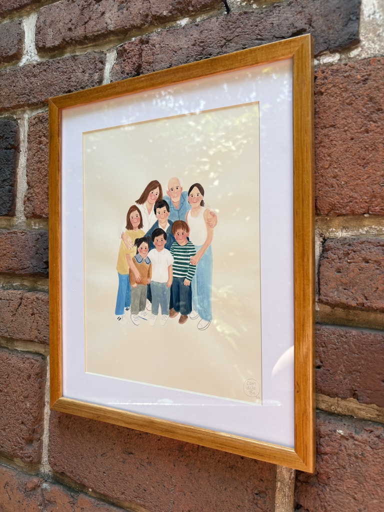 Retrato de una familia de ocho frente a una pared de ladrillo, pintado por Camdelafu