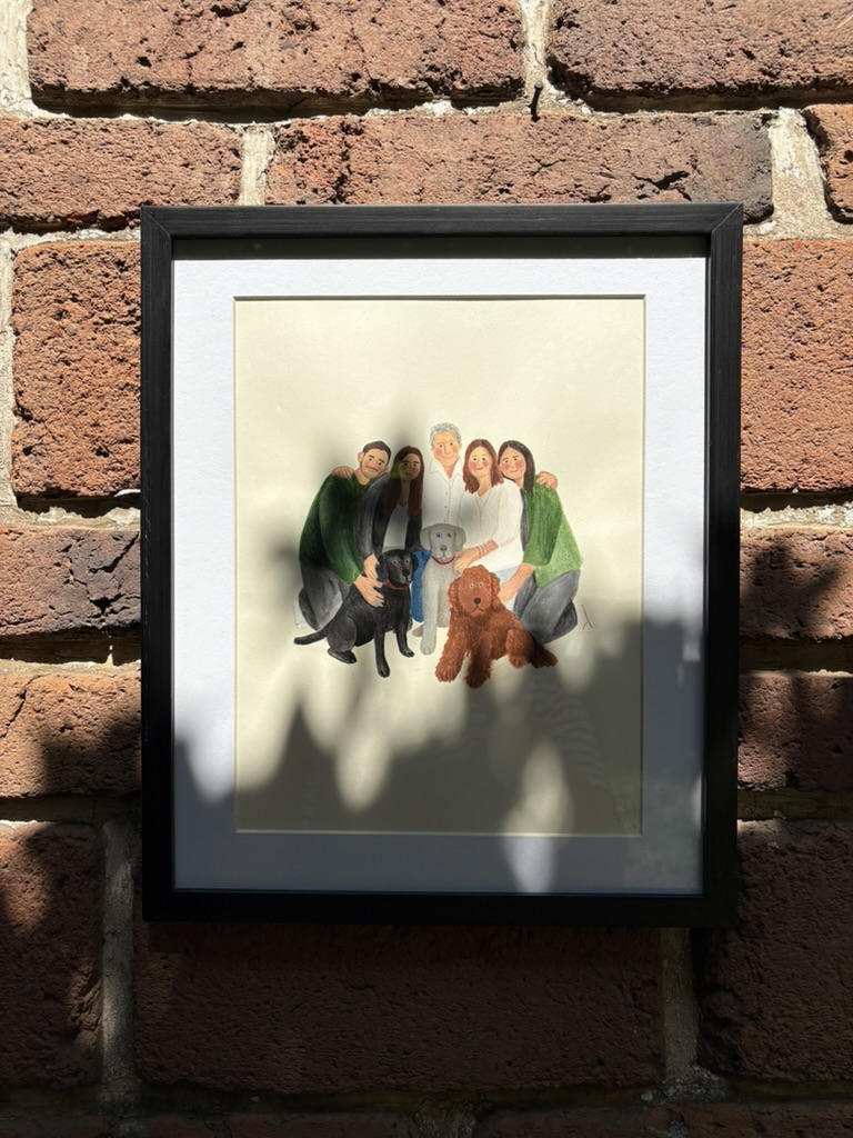 Retrato de una familia con tres perros en un marco negro, pintado por Camdelafu