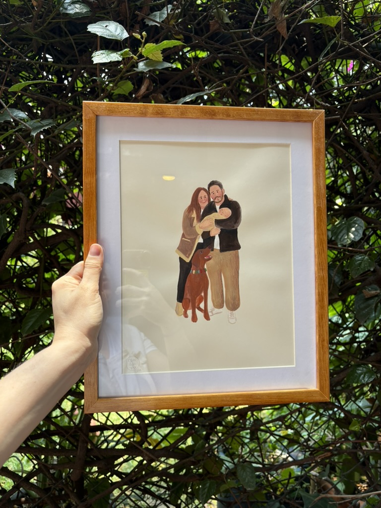 Retrato enmarcado de una pareja, un bebé y un perro, pintado por Camdelafu