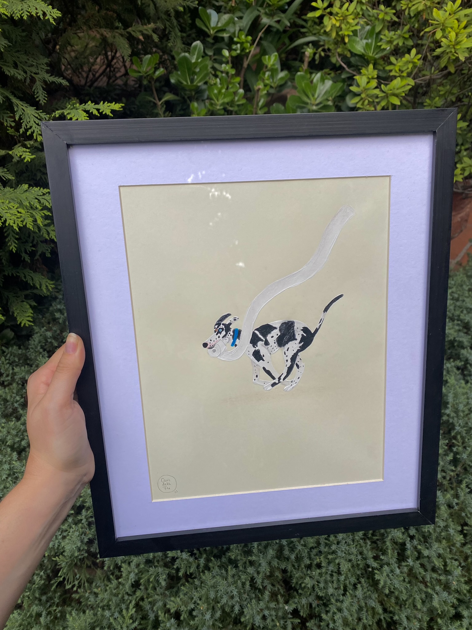 Retrato enmarcado de un perro blanco con manchas, pintado por Camdelafu