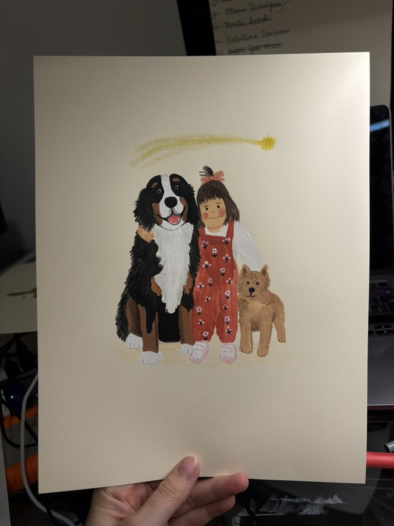 Retrato sin marco de una niña con dos perros, pintado por Camdelafu