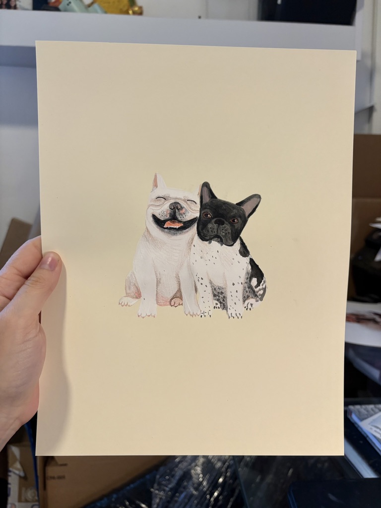 Retrato sin marco de dos bulldogs franceses, pintado por Camdelafu