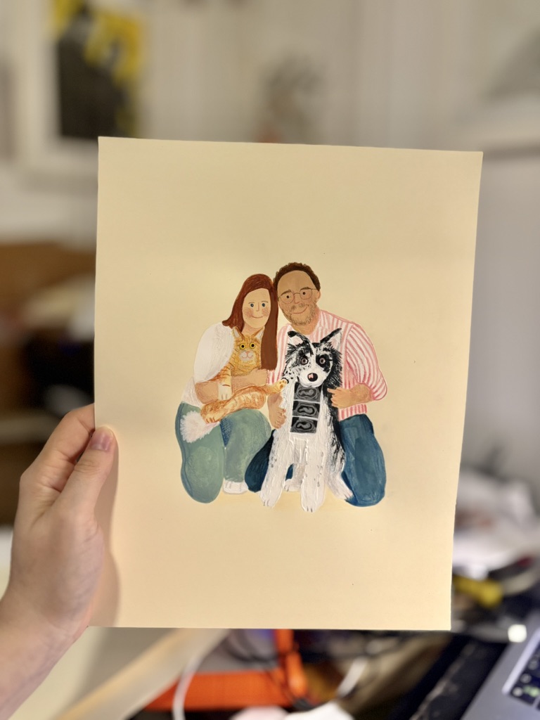 Retrato sin marco de una pareja con su perro, pintado por Camdelafu