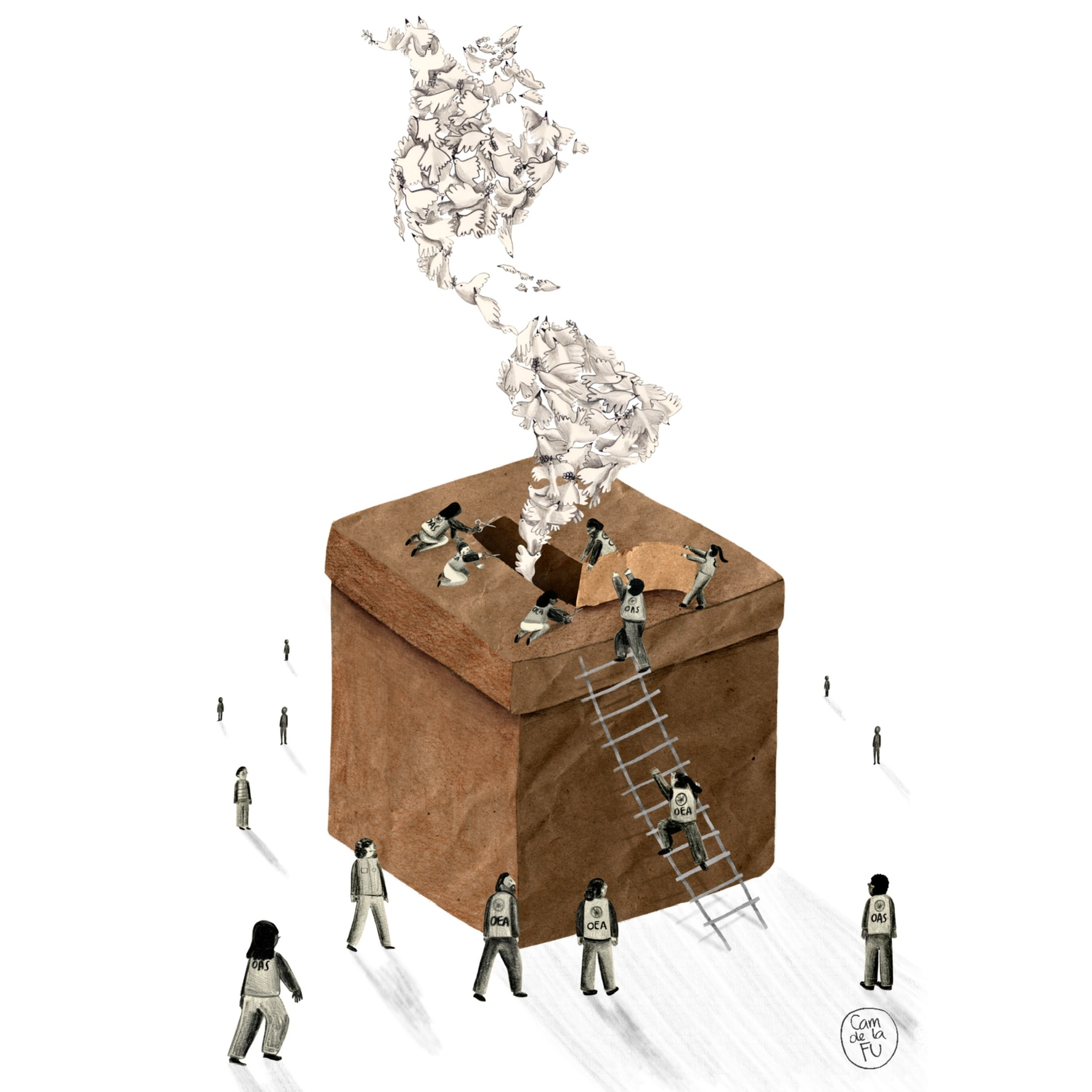 Obra para la OEA: "Guardianes de la democracia", detalle 1 — ilustración de Camdelafu